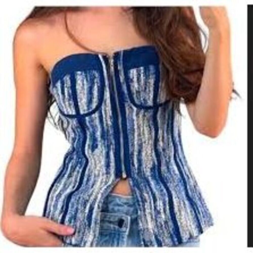 Micas Strapless Blue Beige Zip Front Strapless Bustier Clubwear Corset Size L